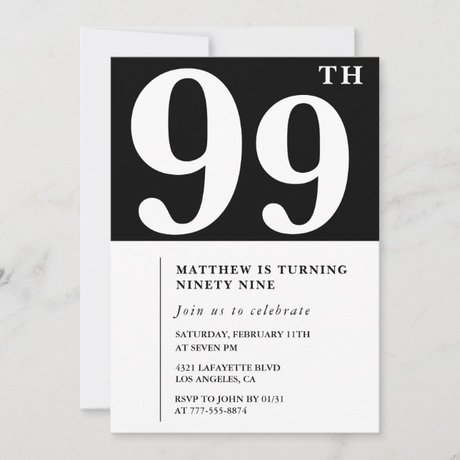 Convite de aniversário de 99 anos preto e branco e (Frente)