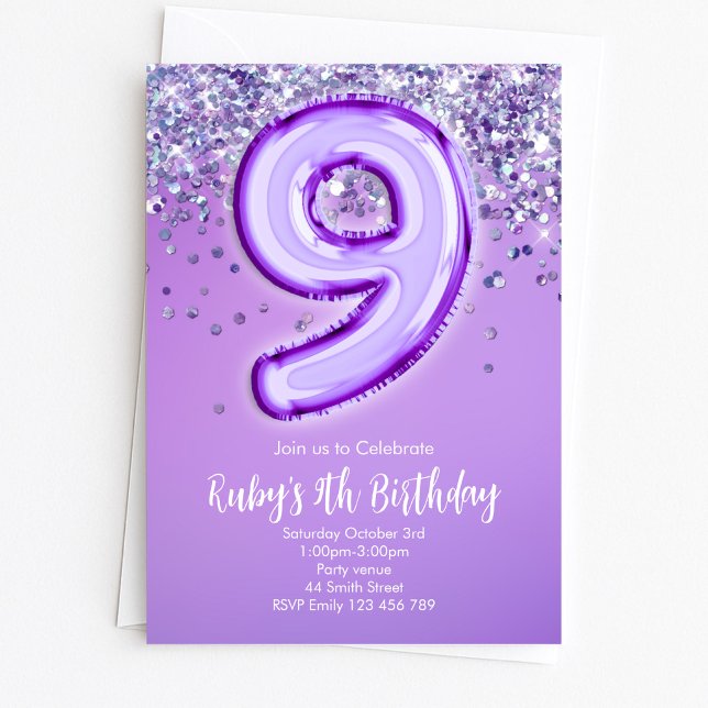 Convite de Aniversário de 9 anos com Brilho Roxo (Criador carregado)
