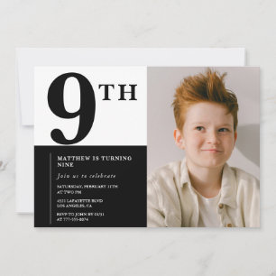 Convite de aniversário de 9 anos elegante Preto Ch