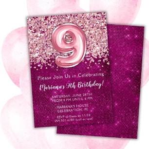 Convite de Aniversário de 9 Anos Feminino Magenta 
