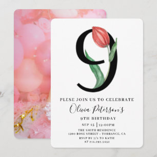 Convite de Aniversário de 9 anos Floral Com Foto P