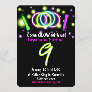 Convite de Aniversário de 9 anos Luzes GLOW Idade 