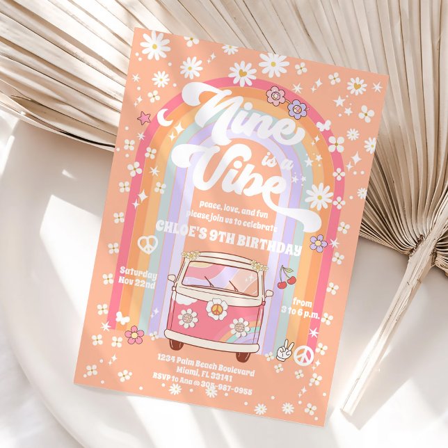 Convite de Aniversário de 9 Anos Retro Hippie (Criador carregado)