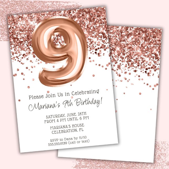 Convite de Aniversário de 9 anos Rose Gold (Criador carregado)
