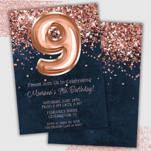 Convite de Aniversário de 9 Anos Rose Gold Azul Na