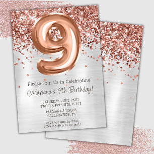 Convite de Aniversário de 9 Anos Rose Gold Prata
