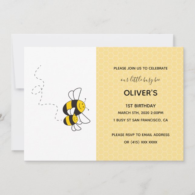 Convite de aniversário de abelha ocupada (Frente)