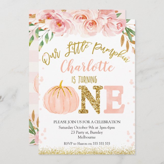 Convite De Aniversário De Abóbora Floral (Frente/Verso)