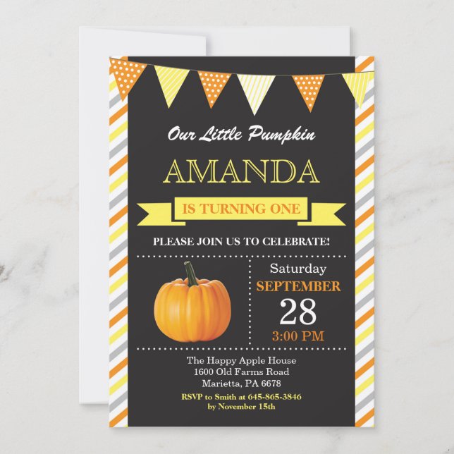 Convite de Aniversário de Abóbora Laranja e Amarel (Frente)