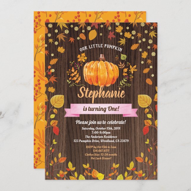 Convite de aniversário de abóbora. primeiro aniver (Frente/Verso)