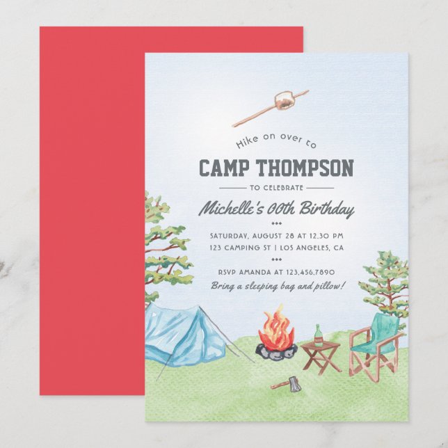 Convite de Aniversário de Acampamento com Aquarela (Frente/Verso)