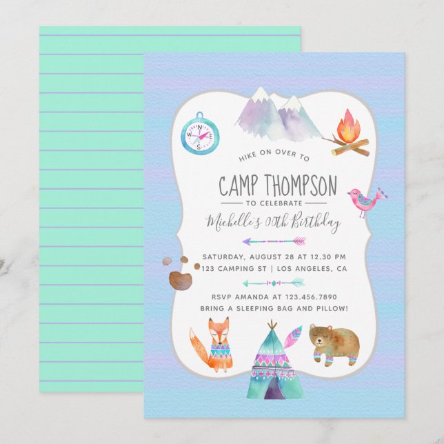 Convite de Aniversário de Acampamento com Aquarela (Frente/Verso)