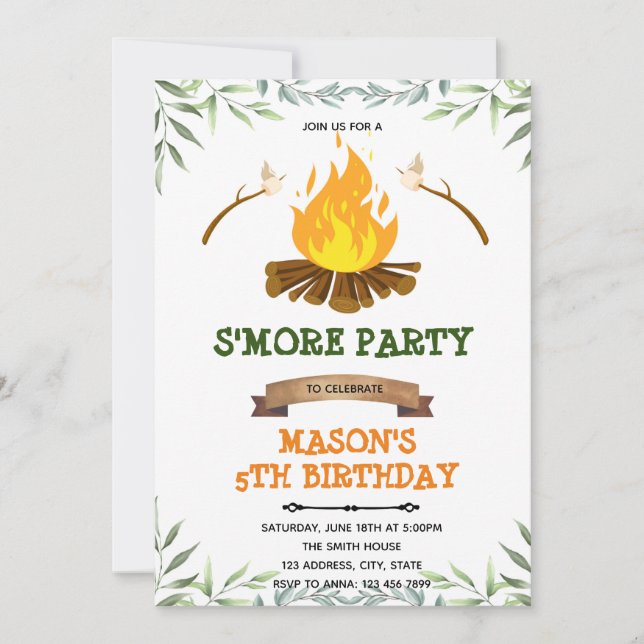 Convite de aniversário de acampamento com s'more v (Frente)