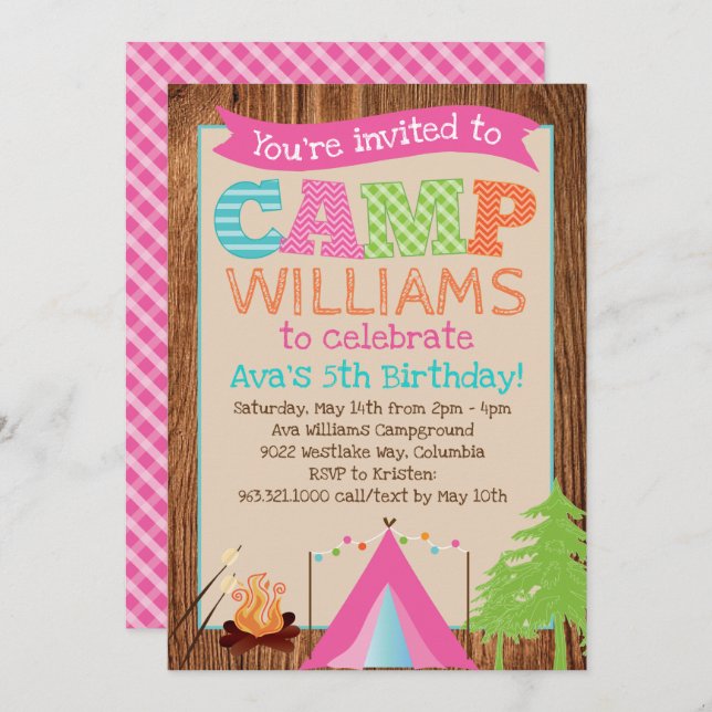 Convite de aniversário de acampamento feminino (Frente/Verso)