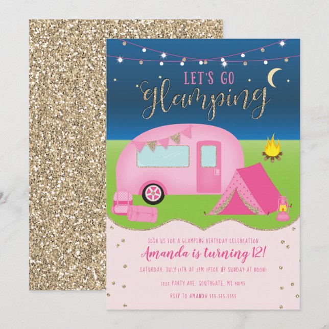 Convite de Aniversário de Acampamento para Garotas (Frente/Verso)
