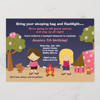 Convite de aniversário de acampamento para meninas
