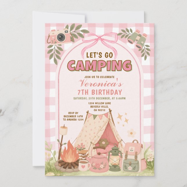 Convite de Aniversário de Acampamento Rosa Menina  (Frente)