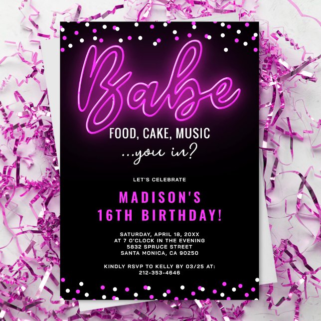 Convite de Aniversário de Adolescente Babe Neon (Criador carregado)