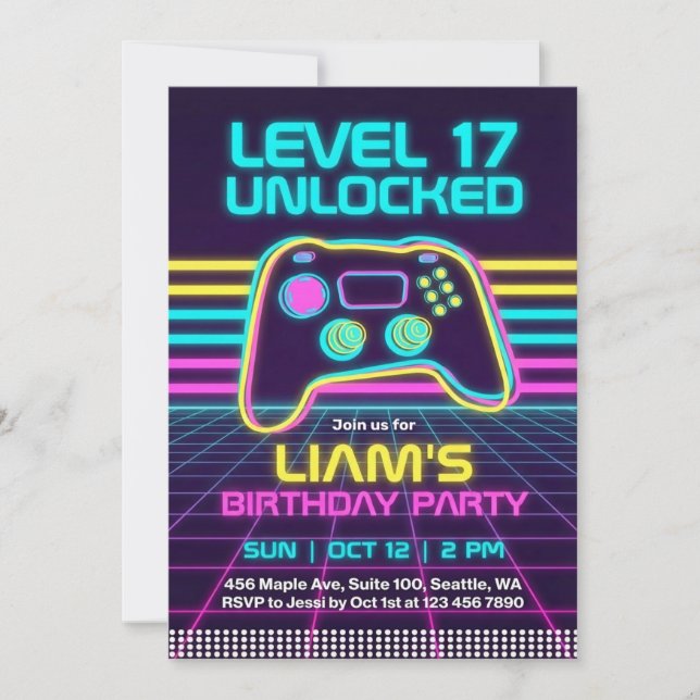 Convite de Aniversário de Adolescente Gamer Neon R (Frente)