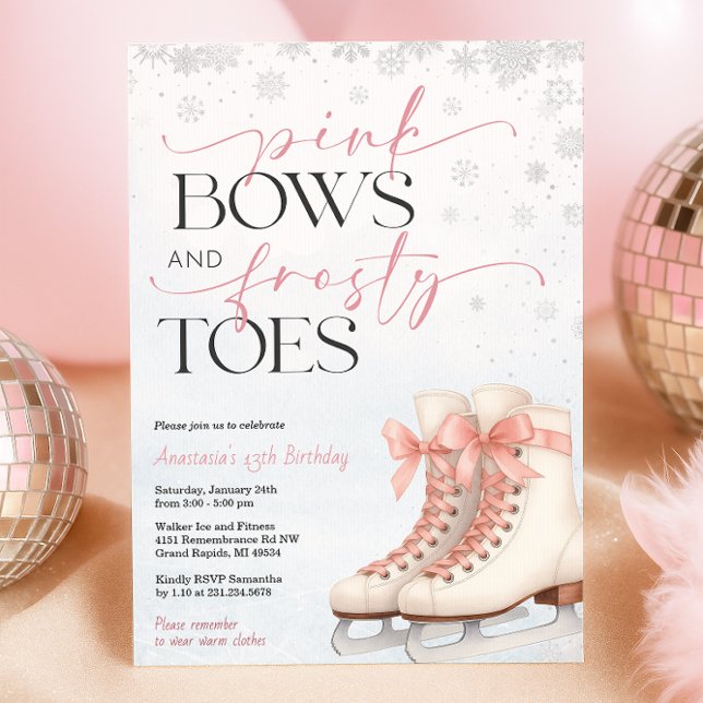 Convite de Aniversário de Adolescente para Patinaç (Ice Skating Teen Birthday Invitation - Pink Bows and Frosty Toes
)