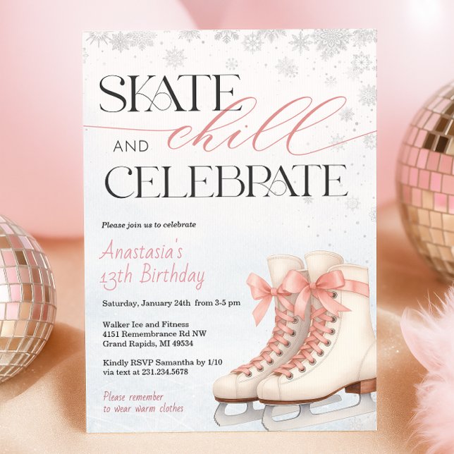 Convite de Aniversário de Adolescente para Patinaç (Ice Skating Teen Birthday Invitation - Pink Bow )