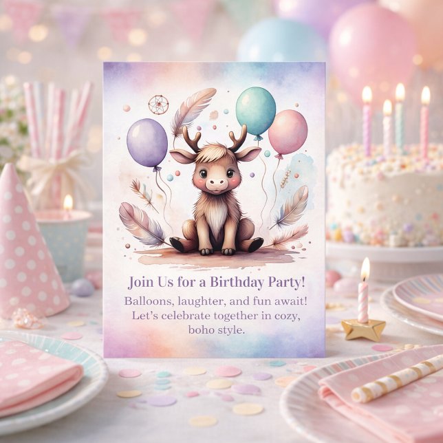 Convite de aniversário de adorável filhote de alce (Cute baby Moose Birthday Invitation Woodland Boho)