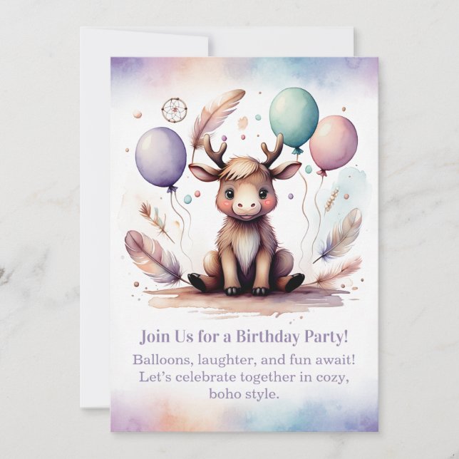 Convite de aniversário de adorável filhote de alce (Frente)