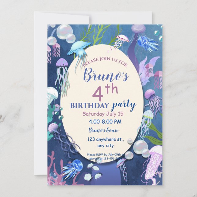 Convite de aniversário de águas-vivas sob o mar (Frente)