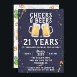Convite de aniversário de animações e cervejas<br><div class="desc">Canecas de cerveja pintadas sobre fundo azul marinho,  "CHEERS & BEERS",  Convite de aniversário. Padrão de estilo Pub em traços traseiros,  saltos,  trigo,  cerveja de vidro,  caneca de cerveja e pretzels. A cor e o estilo da fonte podem ser personalizados.</div>