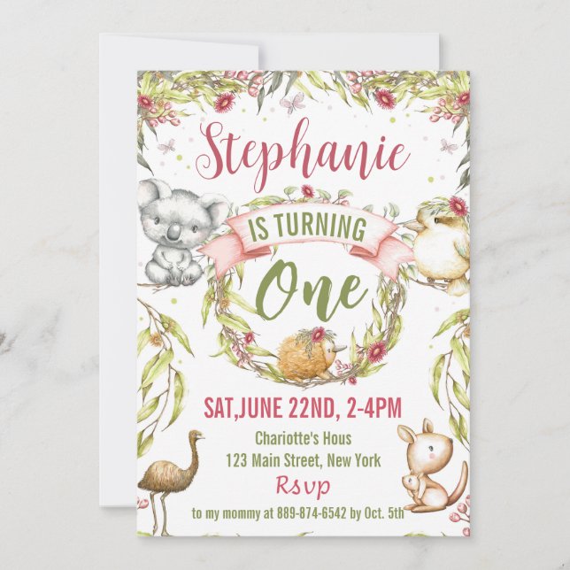 Convite de aniversário de animais australianos (Frente)