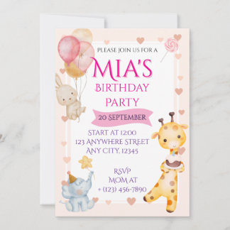 Convite de Aniversário de Animais Bebês em Aquarel
