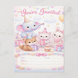 Convite de Aniversário de Animais Bebês Pastel — V