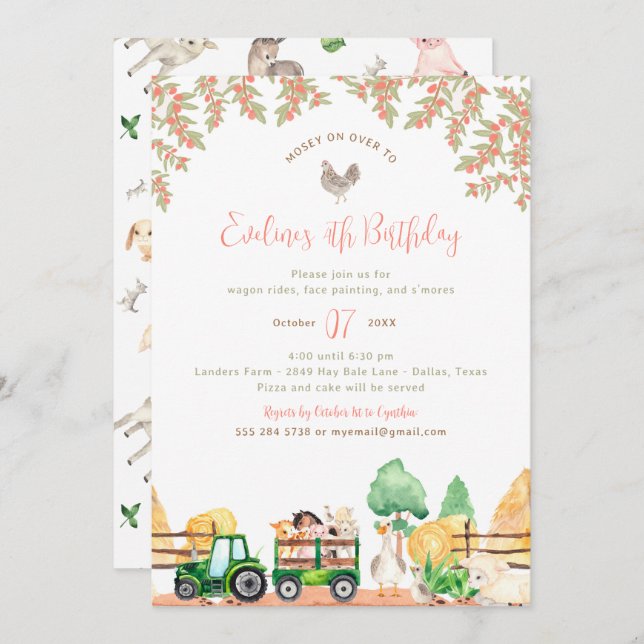 Convite de aniversário de animais de exploração (Frente/Verso)