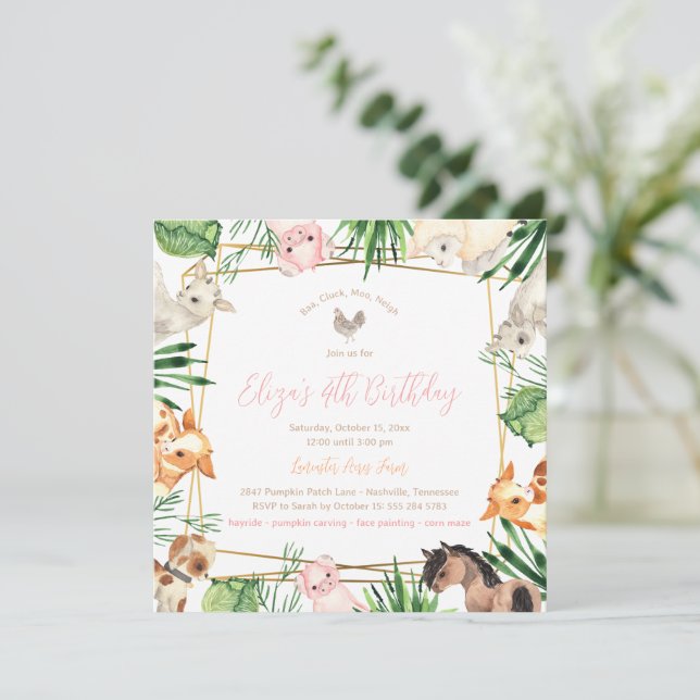 Convite de aniversário de animais de exploração (Em pé/Frente)