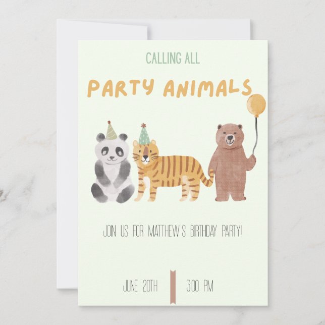 Convite de Aniversário de Animais de Festa  (Frente)