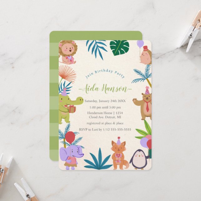 Convite de aniversário de animais de festas (Frente/Verso In Situ)