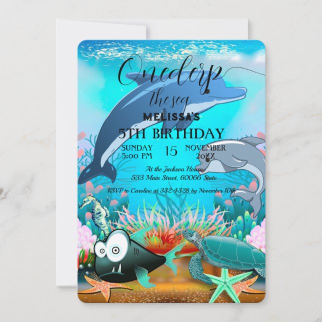 Convite de aniversário de animais do mar de aquare (Frente)