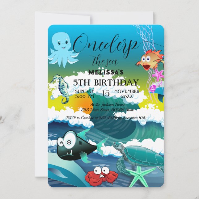 Convite de aniversário de animais do mar de aquare (Frente)