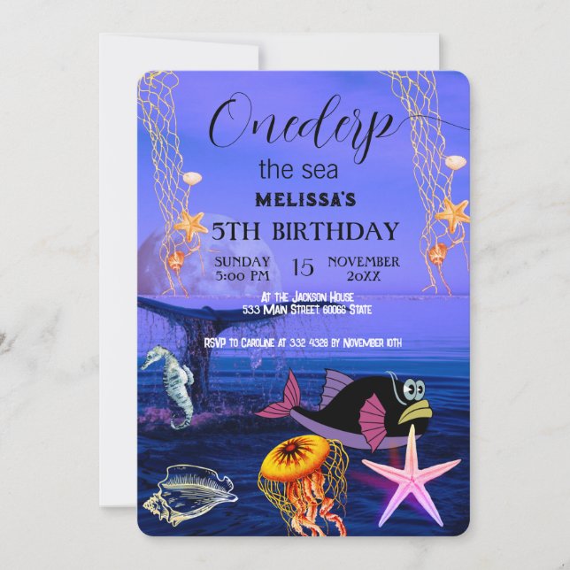 Convite de aniversário de animais do mar de aquare (Frente)