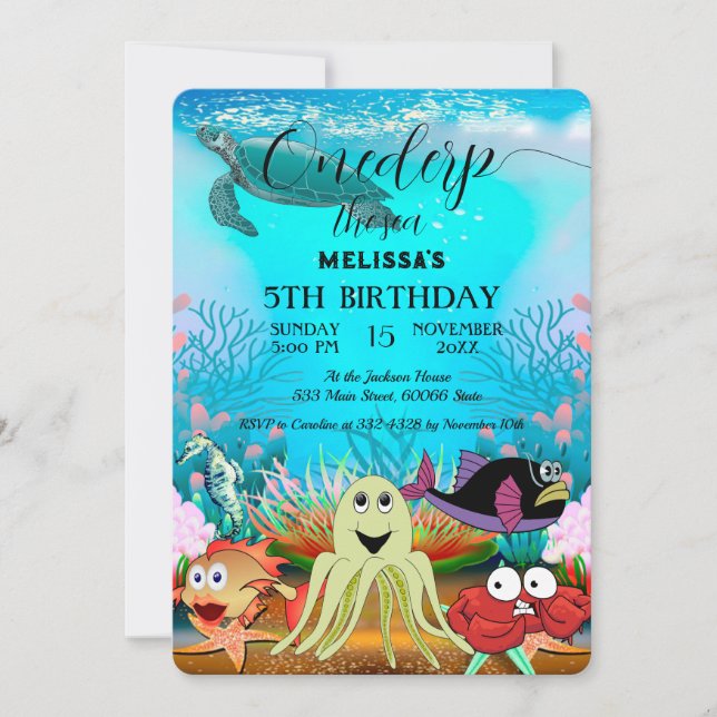 Convite de aniversário de animais do mar de aquare (Frente)