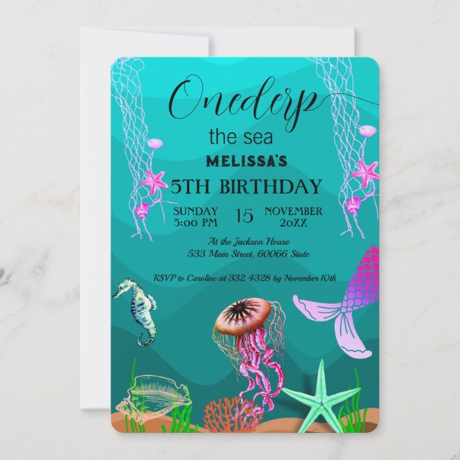 Convite de aniversário de animais do mar de aquare (Frente)