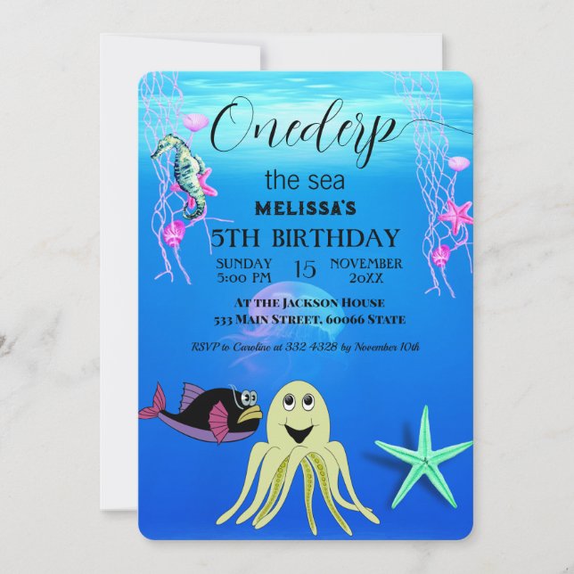 Convite de aniversário de animais do mar de aquare (Frente)