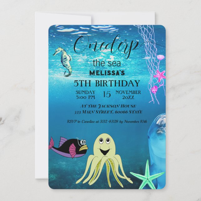 Convite de aniversário de animais do mar de aquare (Frente)