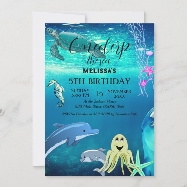 Convite de aniversário de animais do mar de aquare (Frente)