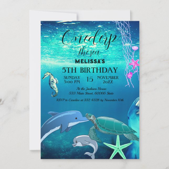 Convite de aniversário de animais do mar de aquare (Frente)