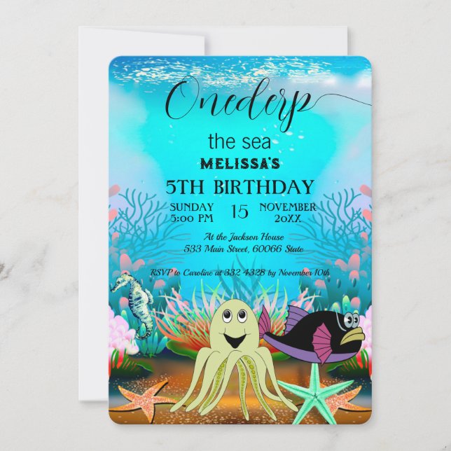 Convite de aniversário de animais do mar de aquare (Frente)