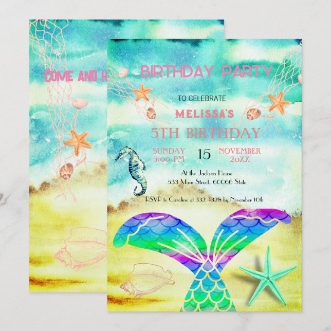 Convite de aniversário de animais do mar de aquare (Frente/Verso)