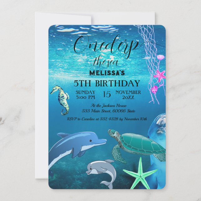 Convite de aniversário de animais do mar de aquare (Frente)