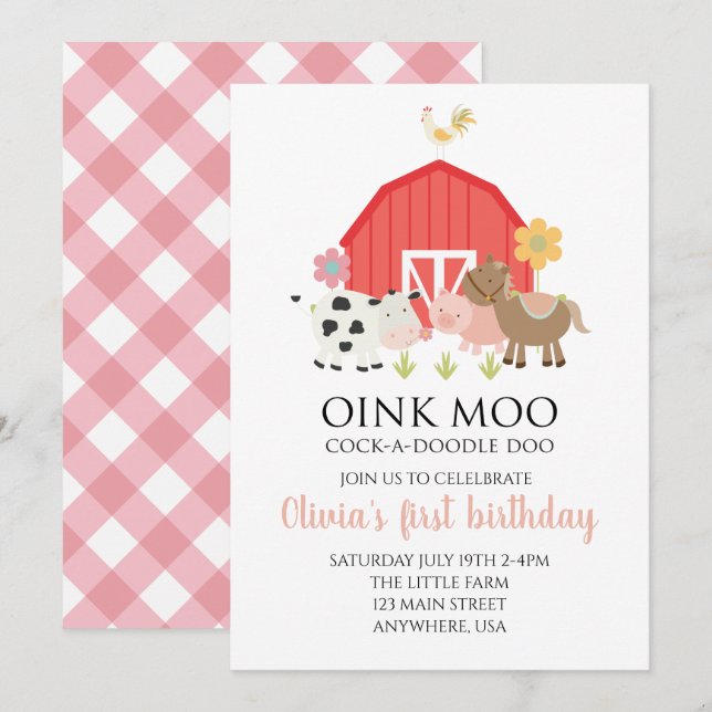 Convite de aniversário de animal de fazenda com xa (Frente/Verso)