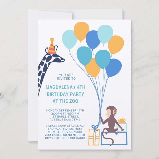Convite de Aniversário de Animal de Zoológico (Frente)